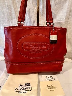 Coach Limited Edition Red Leather Tote with Tricolor Tag